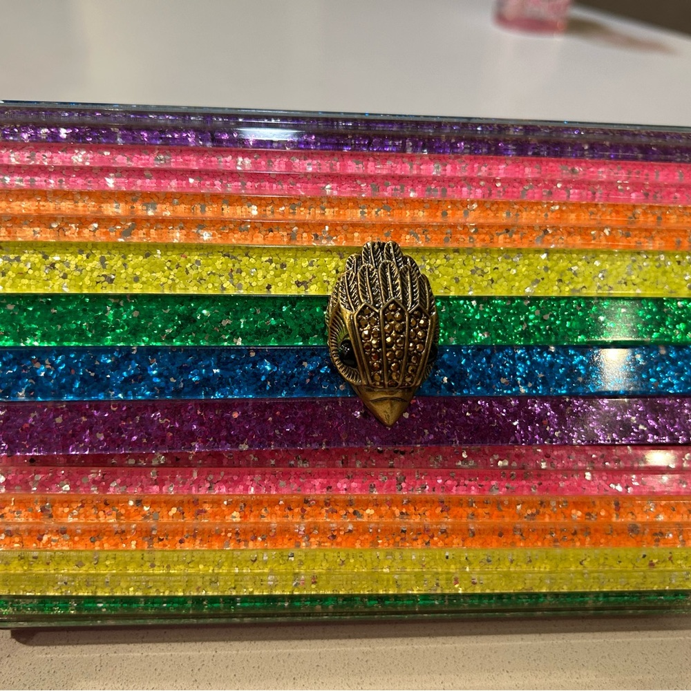 Kurt Geiger Rainbow Glitter Stripe Clutch with Gold-tone Embellishment
